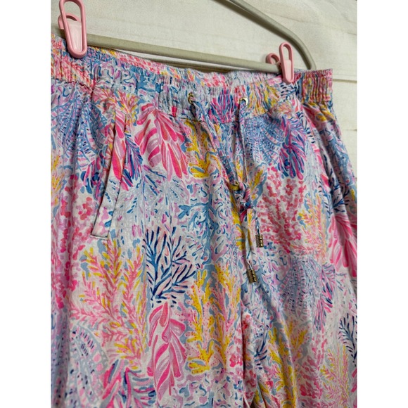 Lilly Pulitzer Coral Print 100% Linen Beach Pants Womens Medium Drawstring - Picture 2 of 8